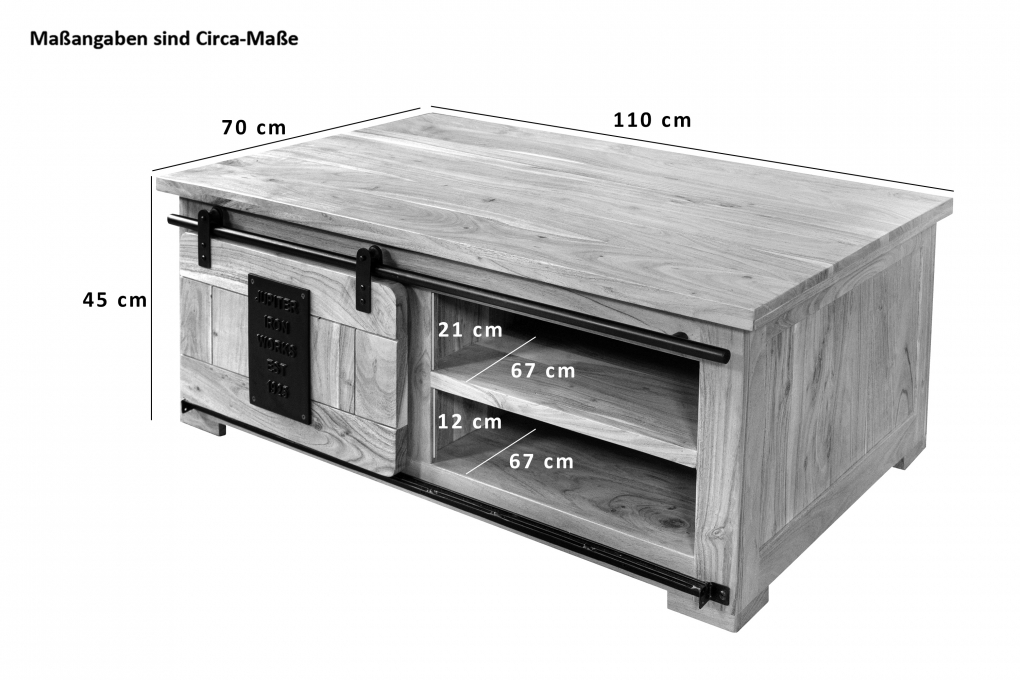 Couchtisch mit Schiebetür und 3 Fächern Mango massiv vielfarbig 110 x 45 x 70 cm LIBRO itemprop=