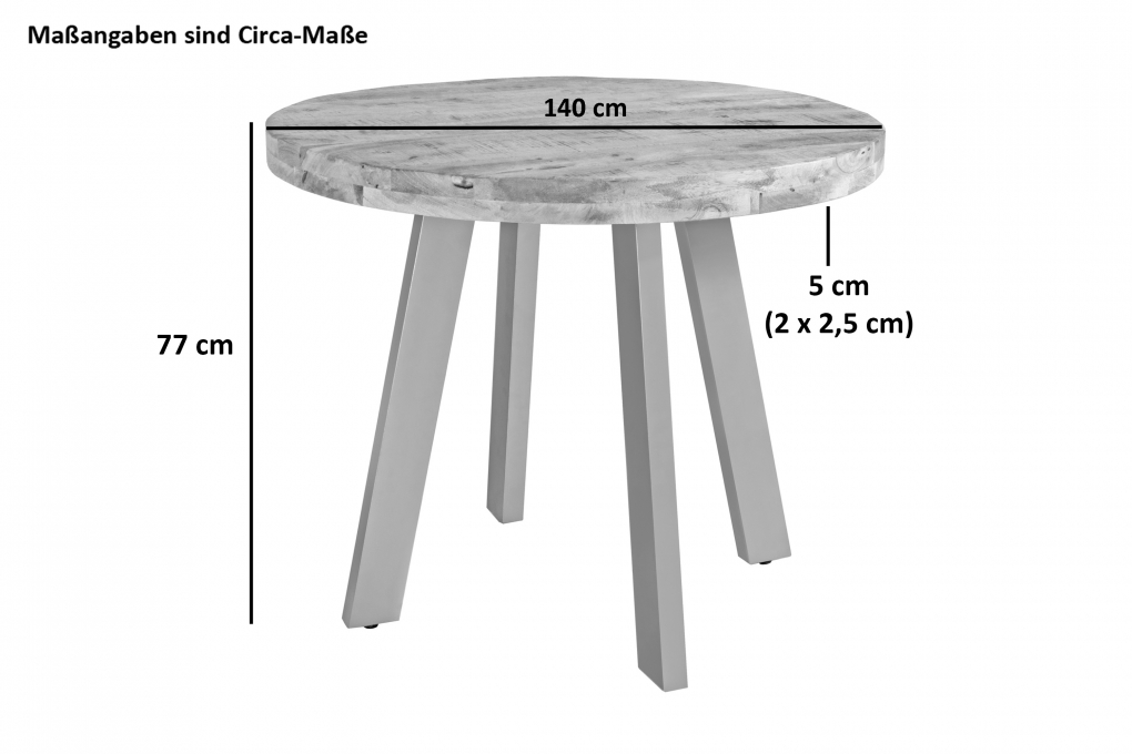 Esszimmertisch rund 140 cm Mangoholz naturfarben silber Adelina itemprop=