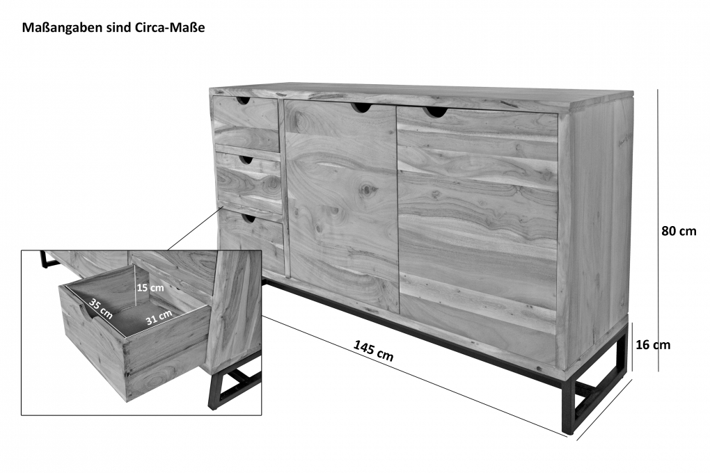 Sideboard Kommode Akazienholz naturfarben massiv 145 x 80 cm Sukhothai itemprop=