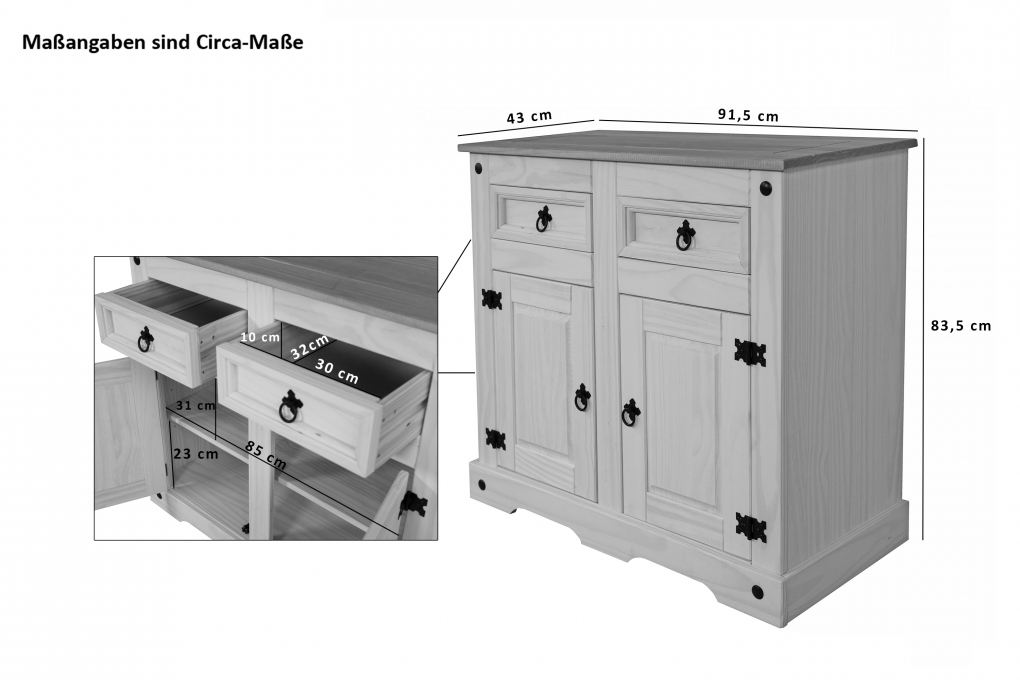 SAM® Sideboard Kommode 91,5 x 83,5 x 43 cm Pinienholz weiß honigfaben lasiert MEXICO itemprop=