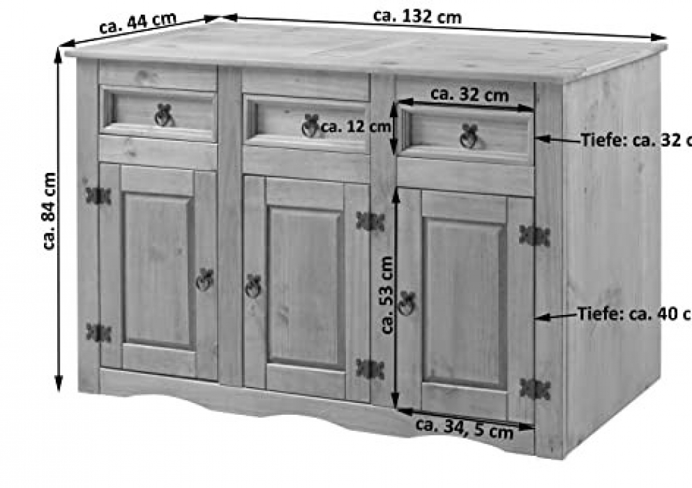 SAM® Sideboard Kommode 132 x 84 x 44 cm Pinienholz weiß hongifarben lasiert MEXICO itemprop=