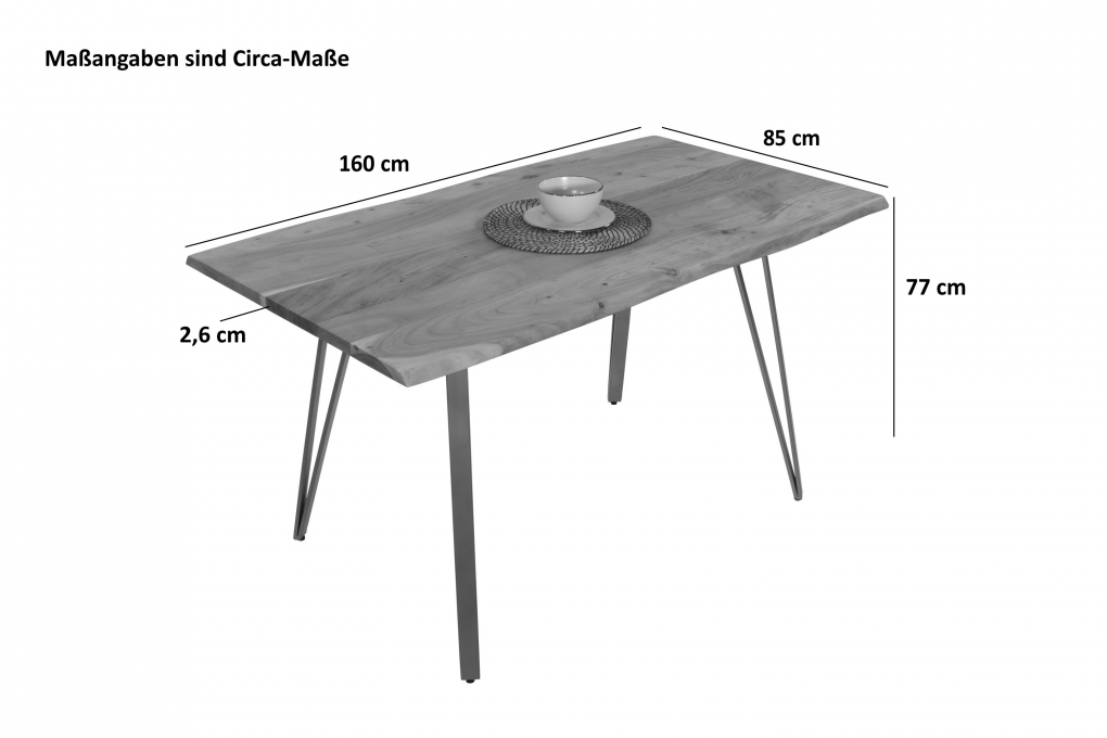 Esstisch Baumkante 160 x 85 cm Akazie massiv naturfarben Metallgestell Schwarz CELIA itemprop=