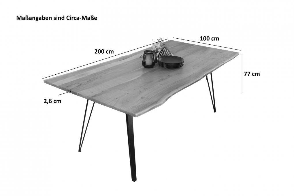 Esstisch Baumkante 200 x 100 cm Akazie massiv naturfarben Metallgestell Schwarz CELIA itemprop=