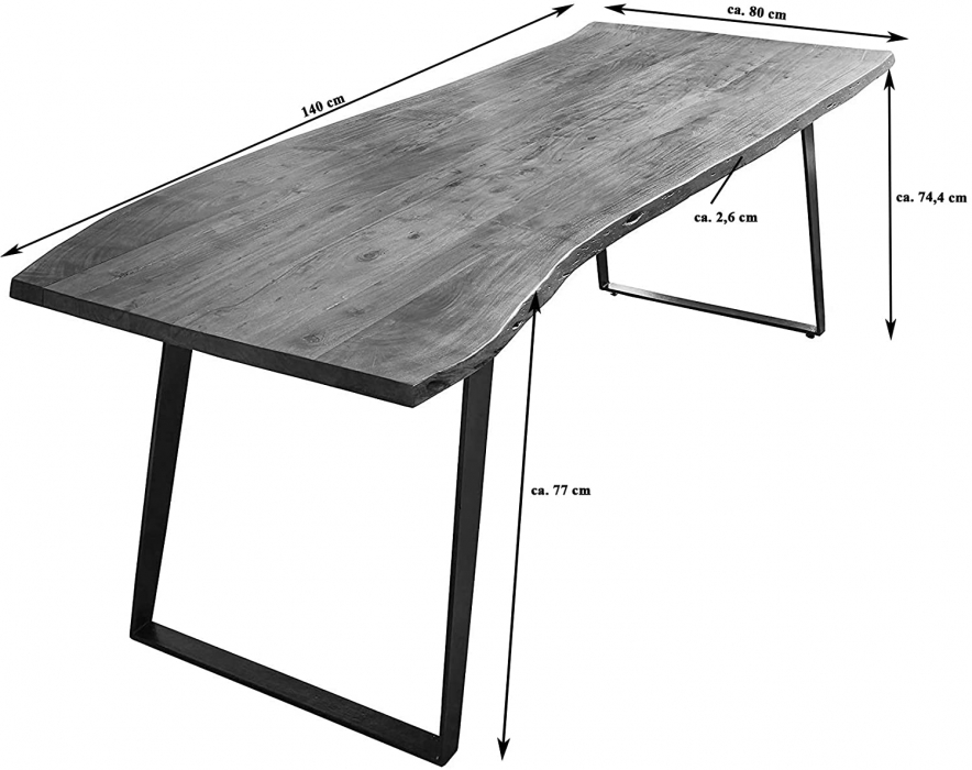 Esstisch Baumkante Akazie natur 140x80 silber schräges U-Gestell HAVANNA itemprop=