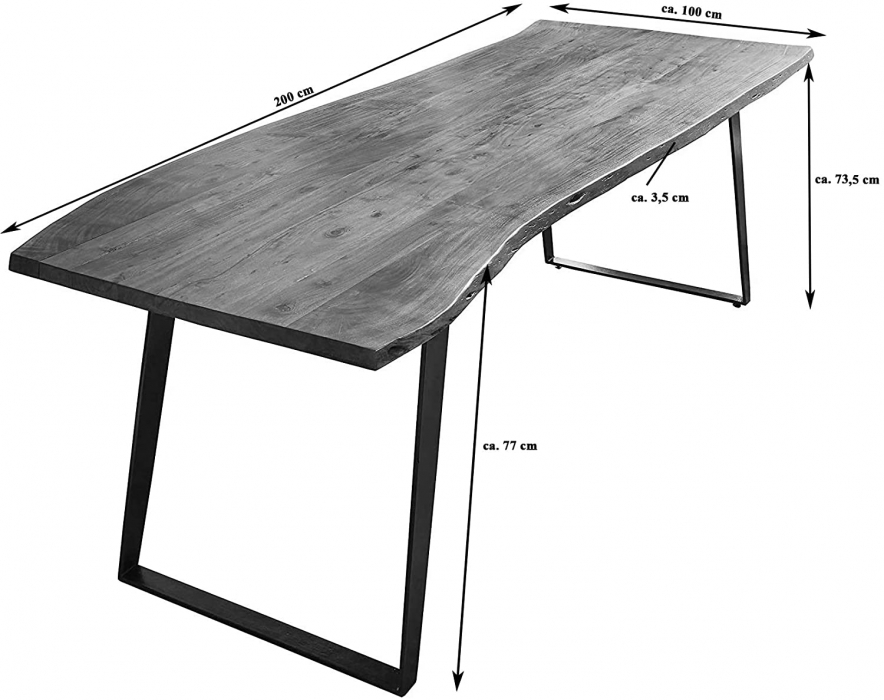 Esstisch Baumkante Akazie natur 200x100 silber schräges U-Gestell HOBART itemprop=