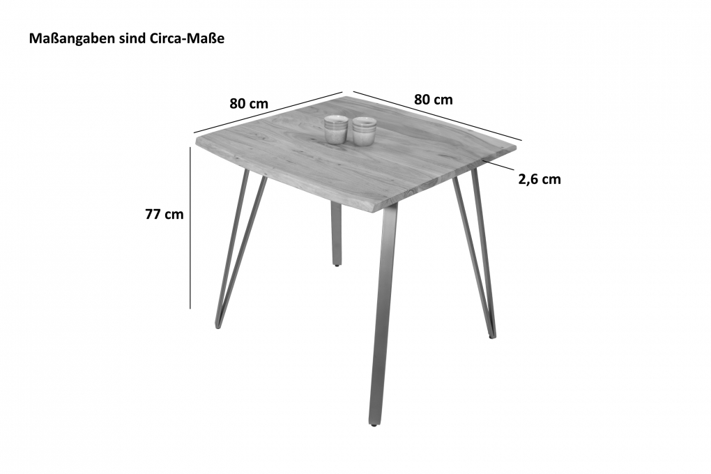 Esstisch Baumkante 80 x 80 cm Akazie massiv naturfarben Metallgestell Silber CELIA itemprop=