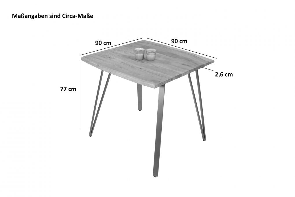 Esstisch Baumkante 90 x 90 cm Akazie massiv naturfarben Metallgestell Silber CELIA itemprop=