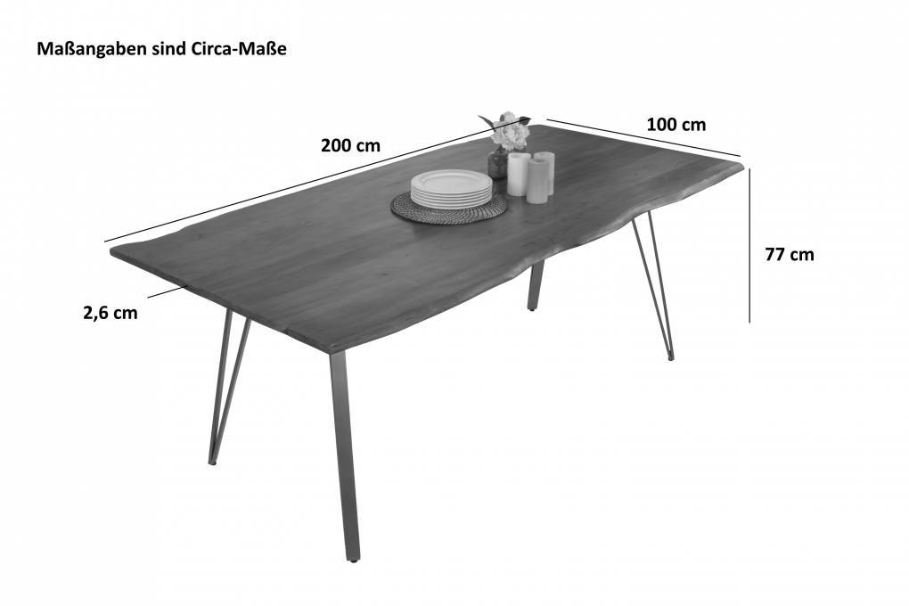 Esstisch Baumkante 200 x 100 cm Akazie massiv nussbaumfarben Metallgestell Schwarz CELIA itemprop=