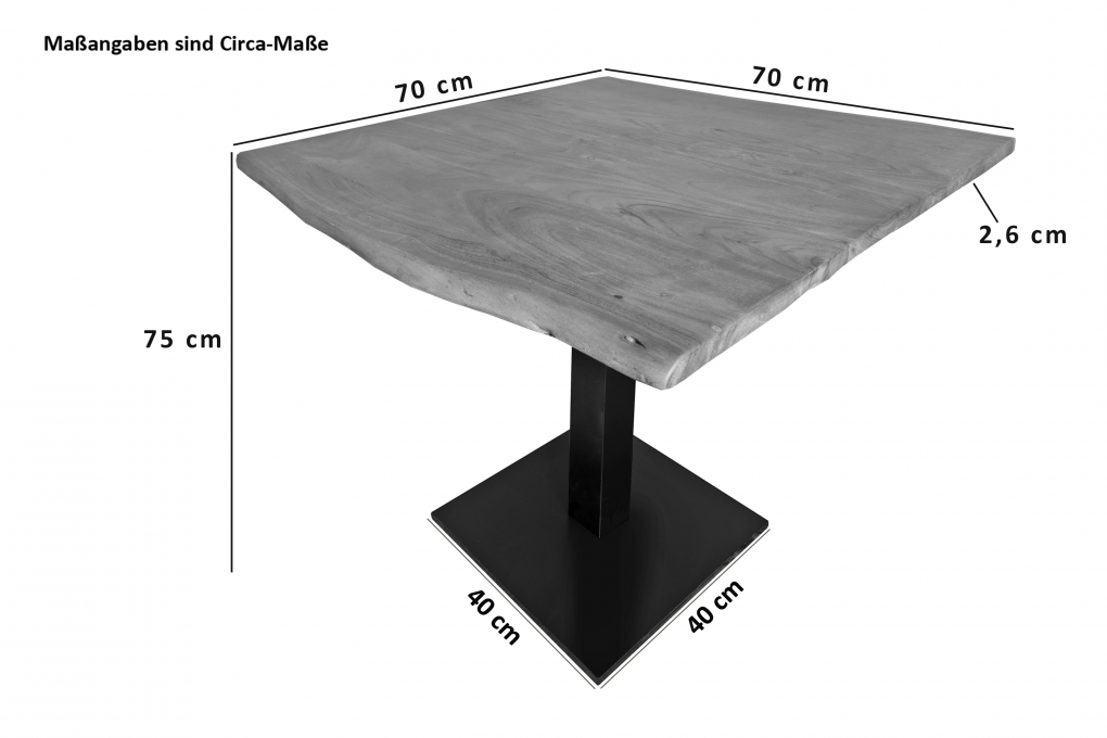 Bistrotisch Baumkante massiv 70 x 70 cm Akazie Naturfarben schwarz Stempelfuß Iris itemprop=