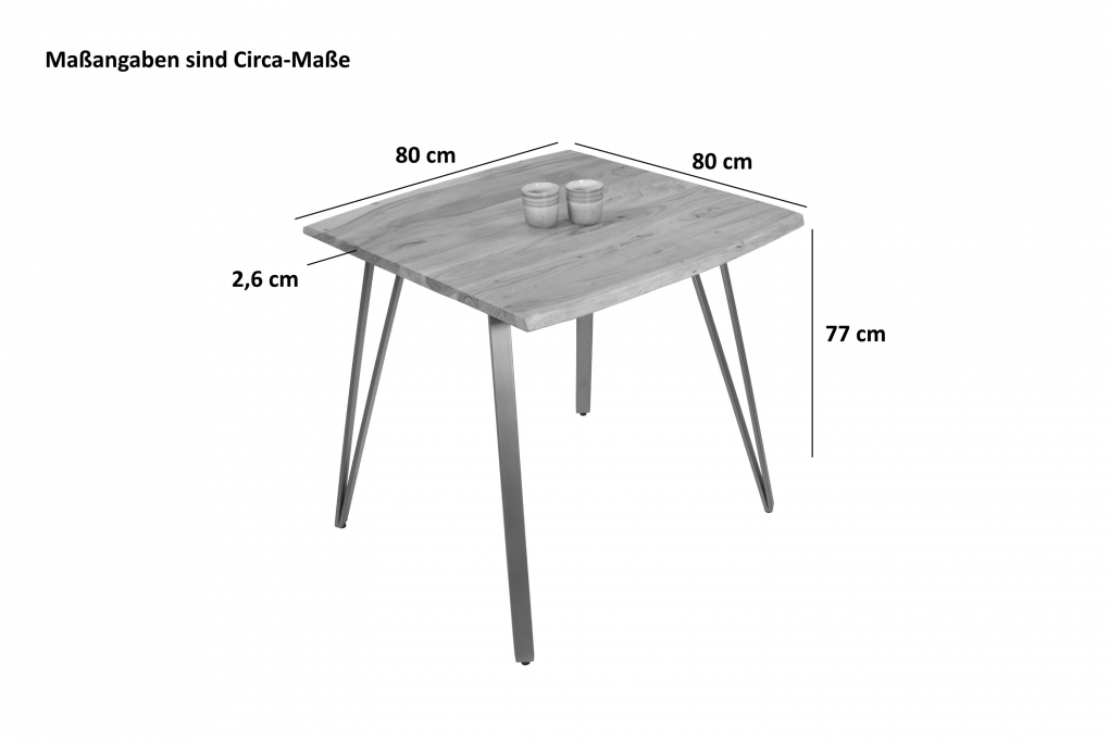 Esstisch Baumkante 80 x 80 cm Akazie massiv nussbaumfarben Metallgestell Silber CELIA itemprop=