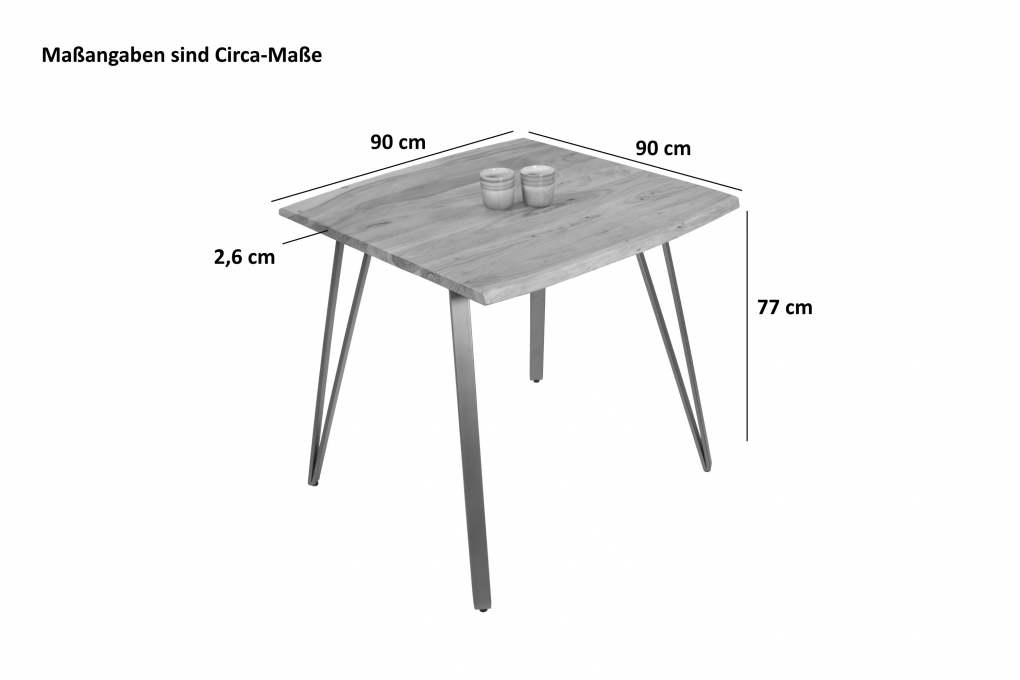 Esstisch Baumkante 90 x 90 cm Akazie massiv nussbaumfarben Metallgestell Silber CELIA itemprop=