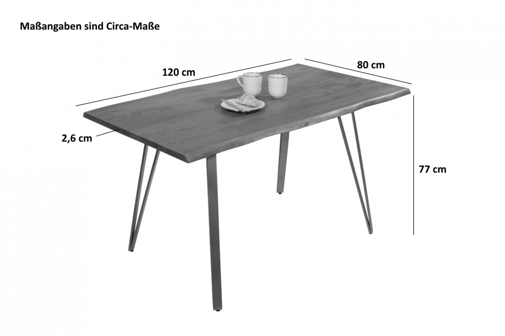 Esstisch Baumkante 120 x 80 cm Akazie massiv nussbaumfarben Metallgestell Silber CELIA itemprop=