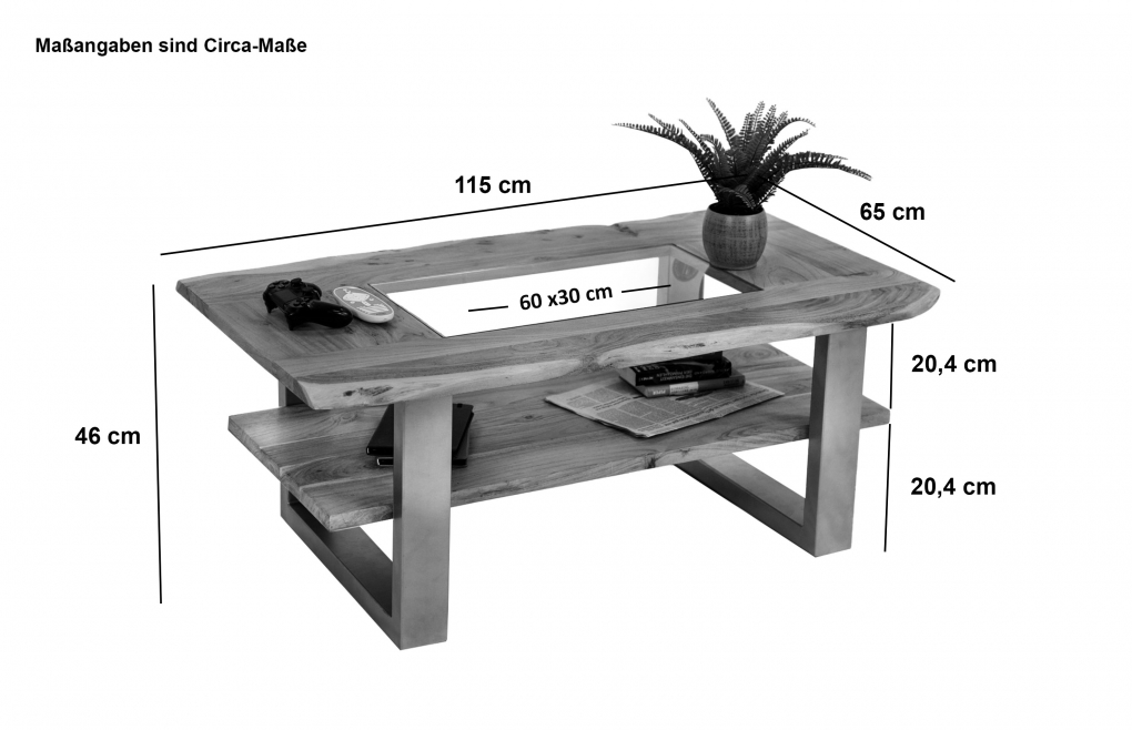 Couchtisch mit Glaseinsatz Baumkante 115 x 65 cm Akazie massiv natur schwarz PATRICK itemprop=