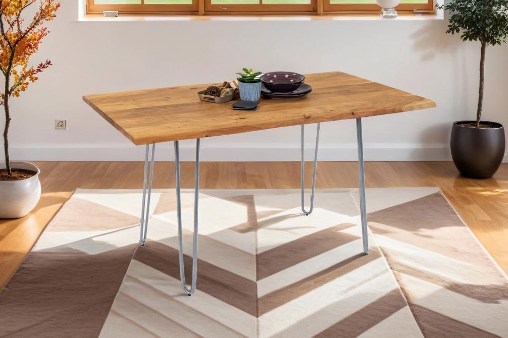  Esstisch Baumkante massiv Akazie natur 120 Hairpin-Gestell silber HANNAH itemprop=