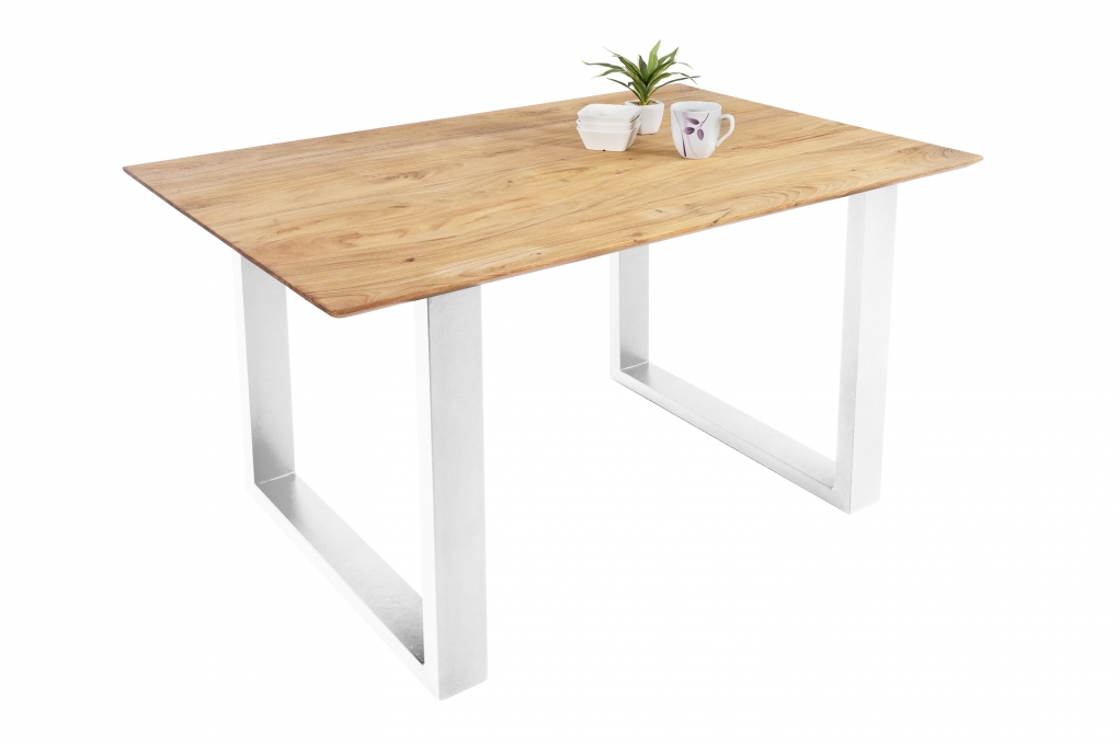 Esstisch 120x80cm Akazie massiv eichenfarben schweizer Kante U-Gestell weiß DEAN itemprop=