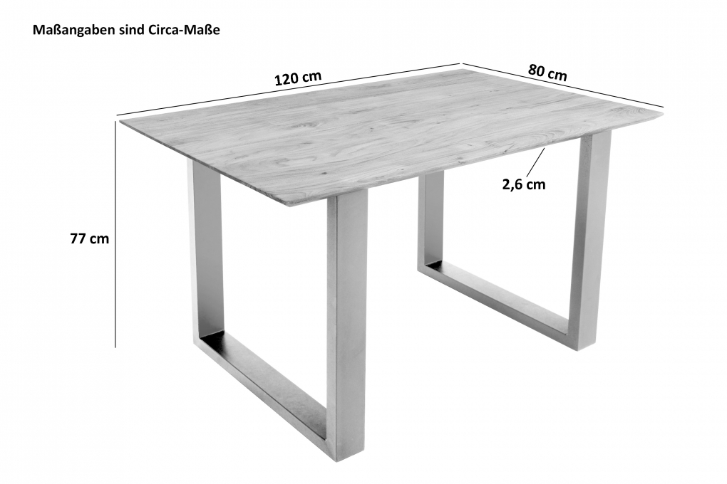 Esstisch 120x80cm Akazie massiv eichenfarben schweizer Kante U-Gestell weiß DEAN itemprop=