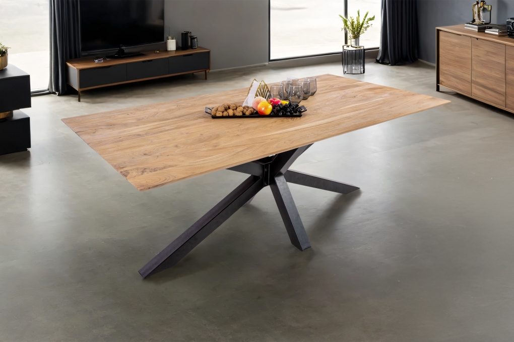 Esstisch 180x90cm Akazie massiv eichenfarben schweizer Kante Spider-Gestell schwarz DEAN itemprop=