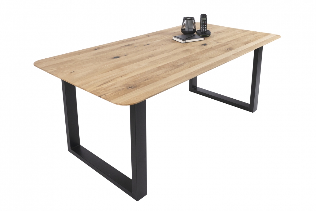 Esszimmertisch Schweizer Kante rund massiv & geölt Eiche 200x100 schwarz U-Gestell Lotte itemprop=
