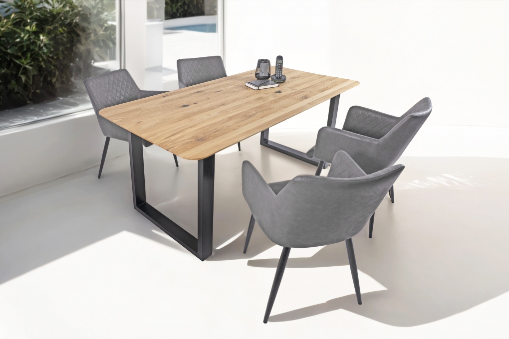 Esszimmertisch Schweizer Kante rund massiv & geölt Eiche 200x100 schwarz U-Gestell Lotte itemprop=