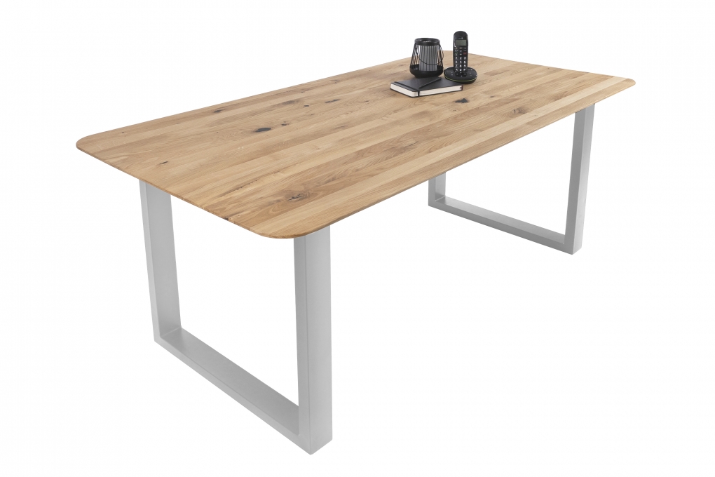Esszimmertisch Schweizer Kante rund massiv & geölt Eiche 200x100 silber U-Gestell Lotte itemprop=