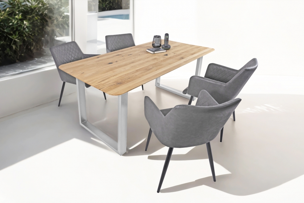 Esszimmertisch Schweizer Kante rund massiv & geölt Eiche 200x100 silber U-Gestell Lotte itemprop=