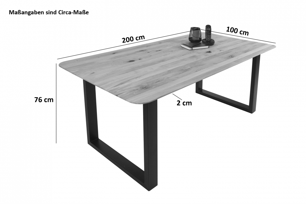 Esszimmertisch Schweizer Kante rund massiv & geölt Eiche 200x100 silber U-Gestell Lotte itemprop=