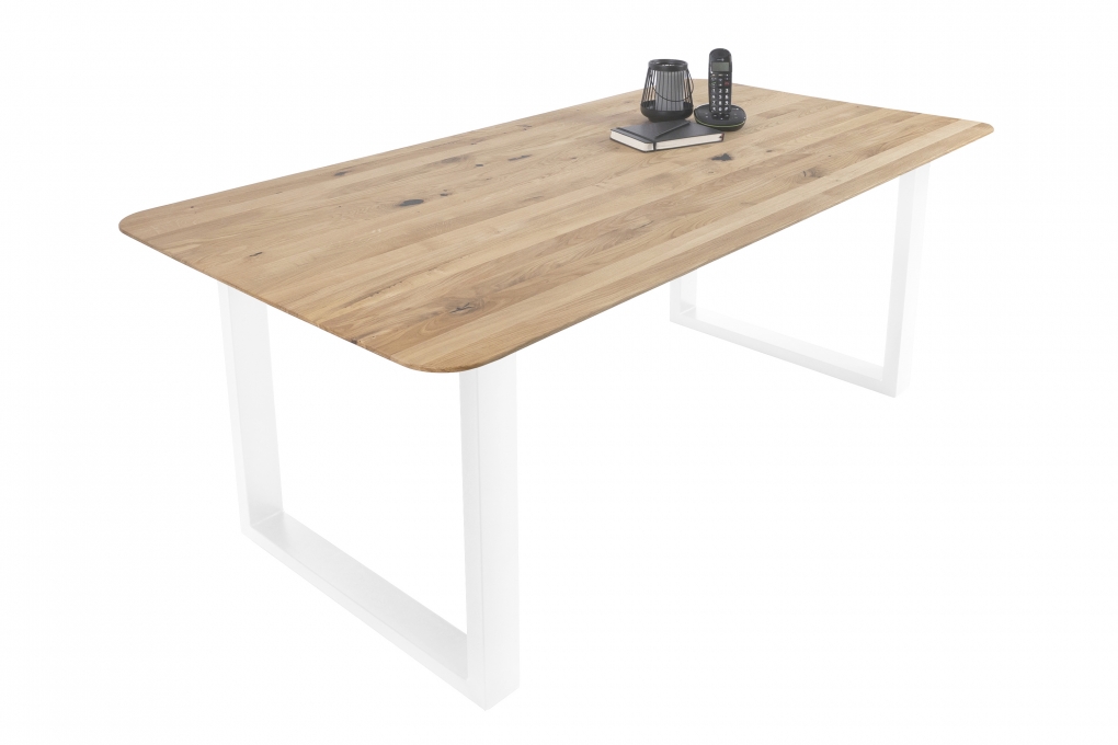 Esszimmertisch Schweizer Kante rund massiv & geölt Eiche 200x100 weiß U-Gestell Lotte itemprop=