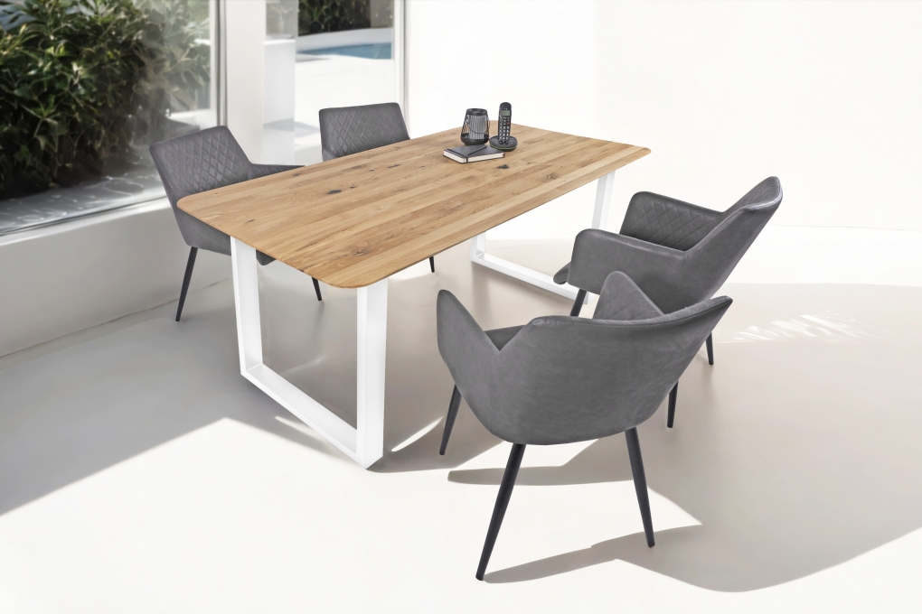 Esszimmertisch Schweizer Kante rund massiv & geölt Eiche 200x100 weiß U-Gestell Lotte itemprop=