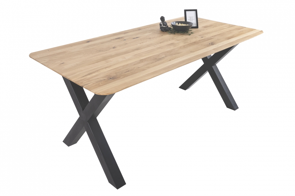 Esszimmertisch Schweizer Kante rund massiv & geölt Eiche 180x90 schwarz X-Gestell Lotte itemprop=