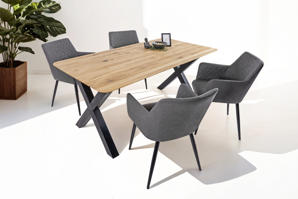 Esszimmertisch Schweizer Kante rund massiv & geölt Eiche 180x90 schwarz X-Gestell Lotte itemprop=