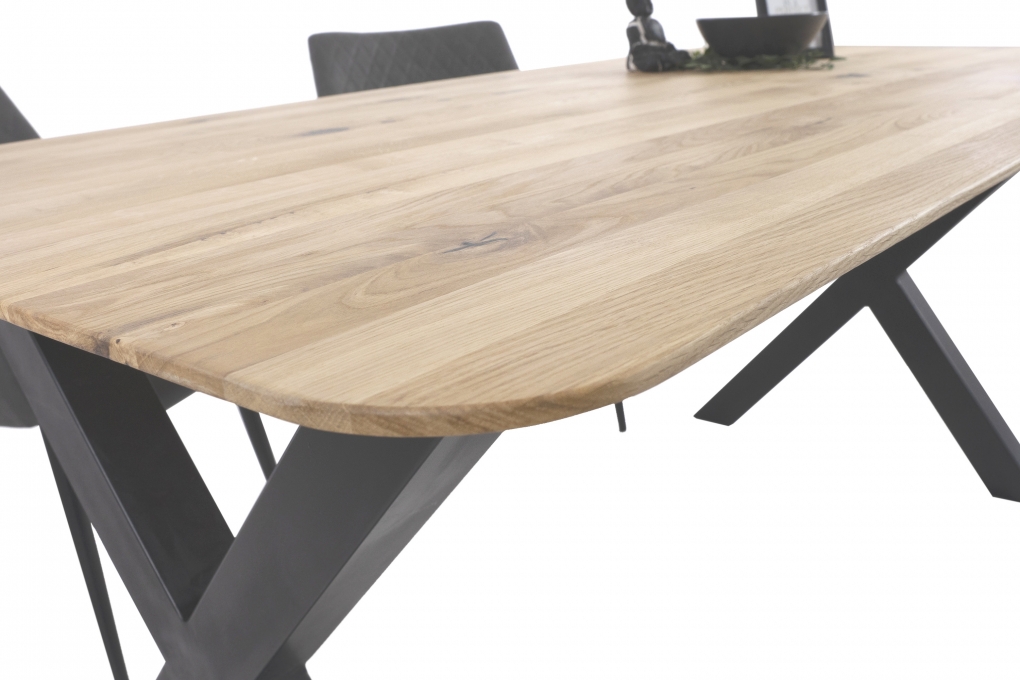 Esszimmertisch Schweizer Kante rund massiv & geölt Eiche 180x90 schwarz X-Gestell Lotte itemprop=