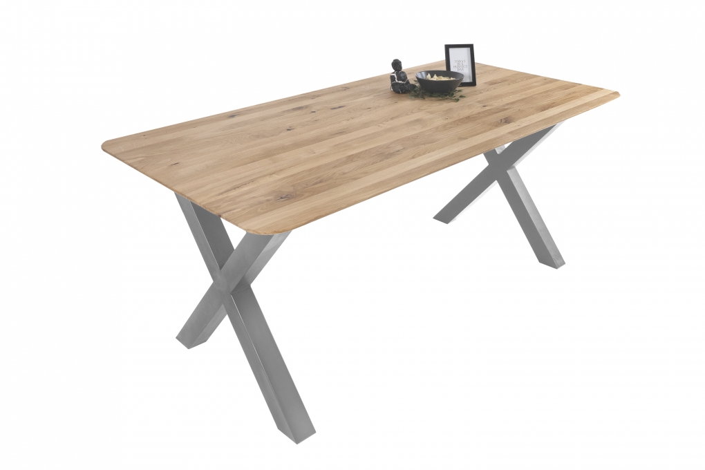 Esszimmertisch Schweizer Kante rund massiv & geölt Eiche 200x100 silber X-Gestell Lotte itemprop=
