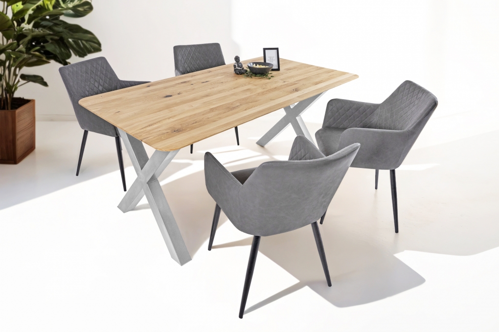 Esszimmertisch Schweizer Kante rund massiv & geölt Eiche 200x100 silber X-Gestell Lotte itemprop=