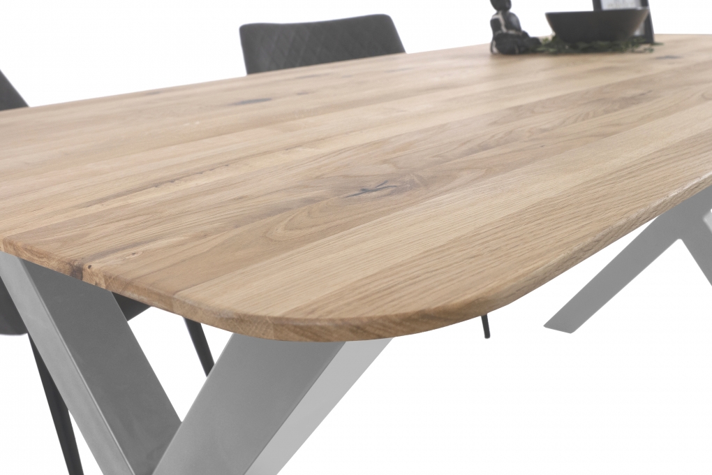 Esszimmertisch Schweizer Kante rund massiv & geölt Eiche 200x100 silber X-Gestell Lotte itemprop=
