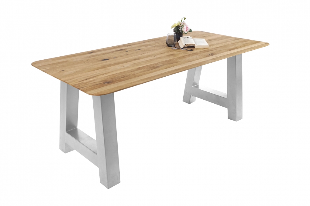 Esszimmertisch Schweizer Kante rund massiv & geölt Eiche 160x85 silber A-Gestell Lotte itemprop=