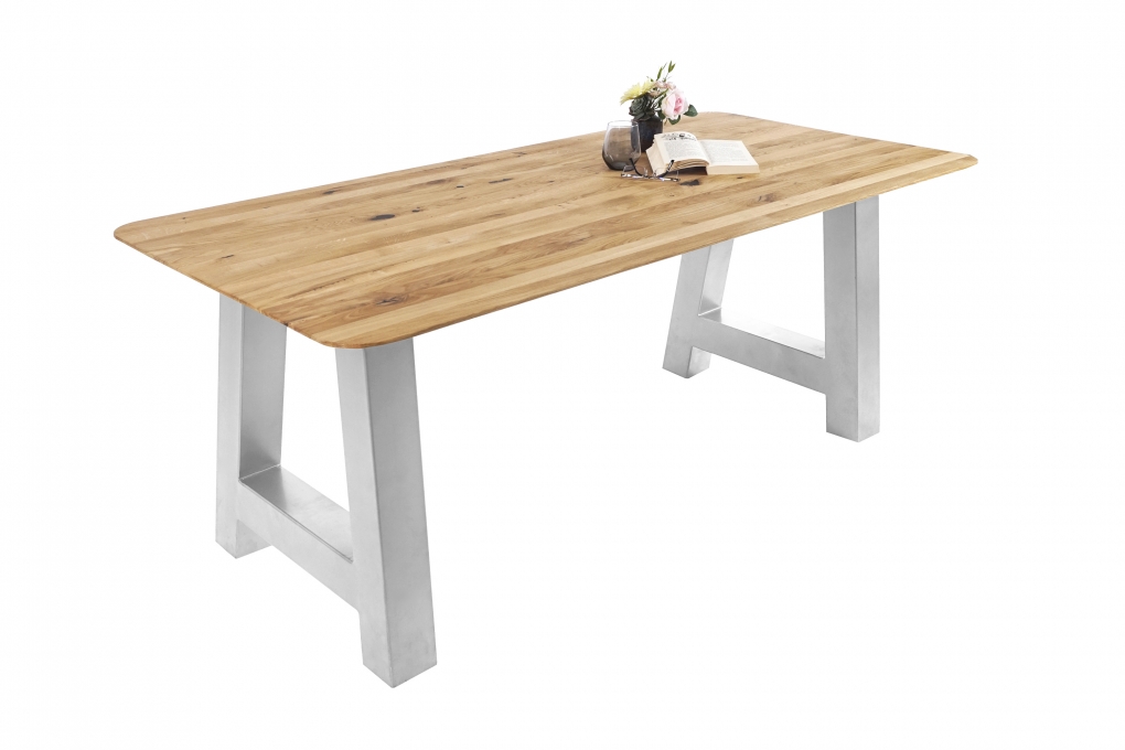 Esszimmertisch Schweizer Kante rund massiv & geölt Eiche 200x100 silber A-Gestell Lotte itemprop=