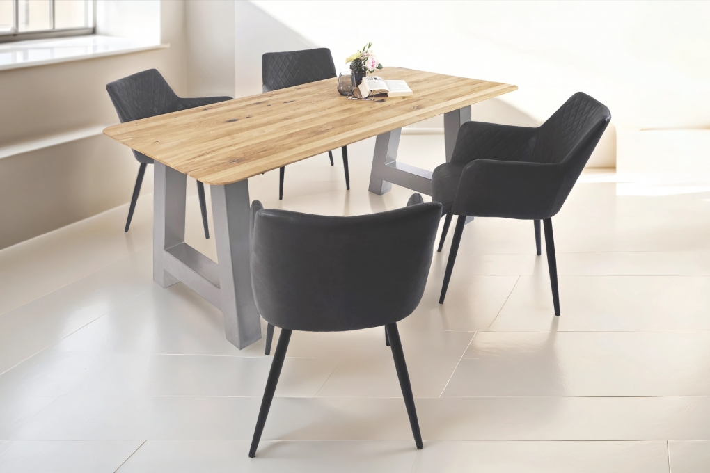 Esszimmertisch Schweizer Kante rund massiv & geölt Eiche 200x100 silber A-Gestell Lotte itemprop=
