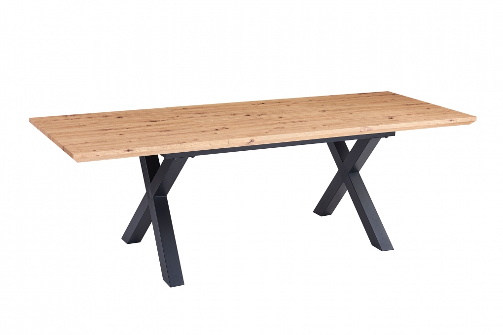 Esstisch Schweizer Kante eichenfarben 180(260) x 90 X-Gestell schwarz Bird itemprop=