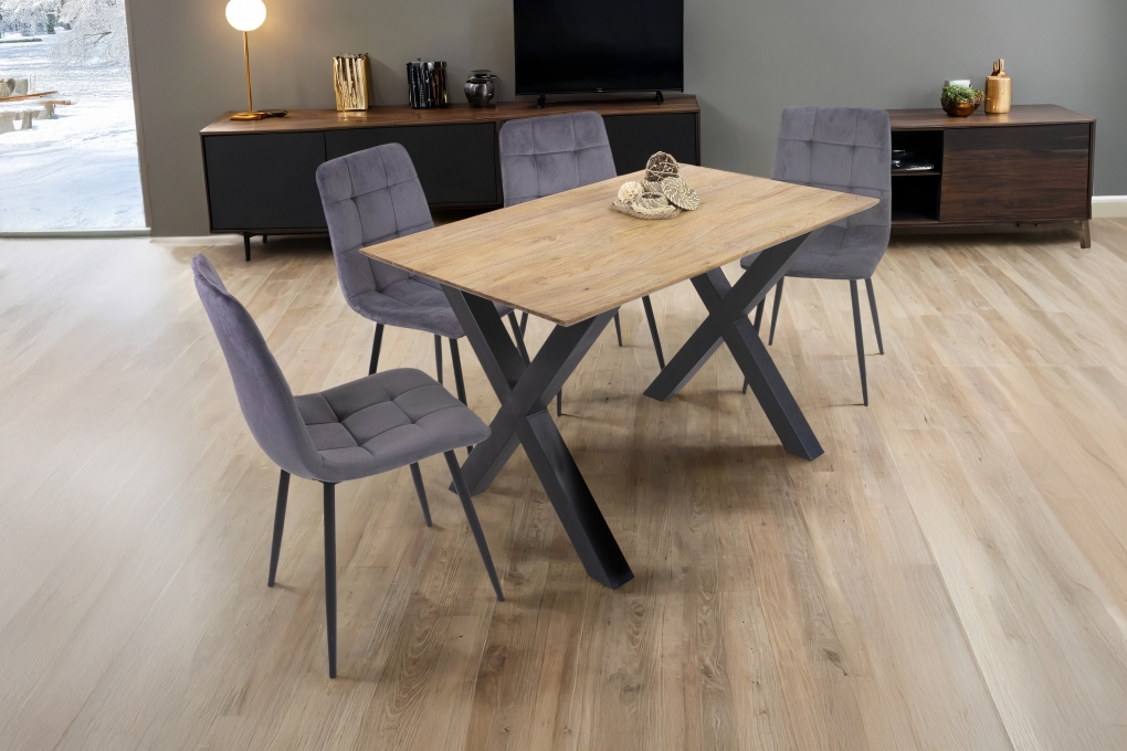 Esstisch 120x80cm Akazie massiv eichenfarben schweizer Kante X-Gestell schwarz DEAN itemprop=