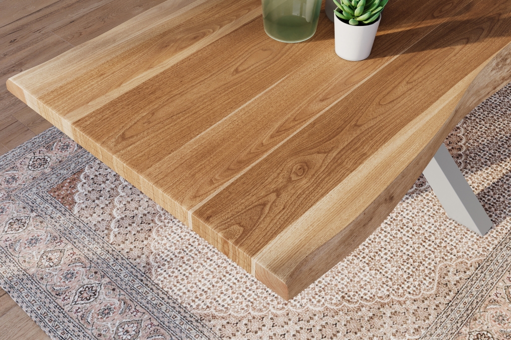 Esstisch Baumkante massiv Akazie natur 240 x 100 Spider-Gestell silber ATLAS itemprop=