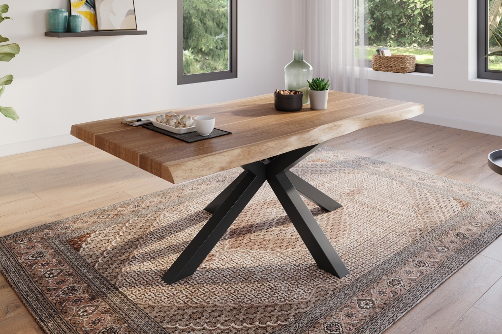Esstisch Baumkante massiv Akazie natur 180 x 90 Spider-Gestell schwarz ATLAS itemprop=
