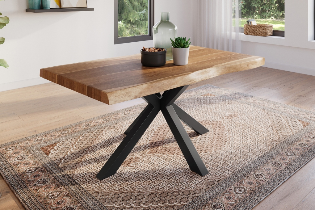 Esstisch Baumkante massiv Akazie natur 160 x 85 Spider-Gestell schwarz ATLAS itemprop=