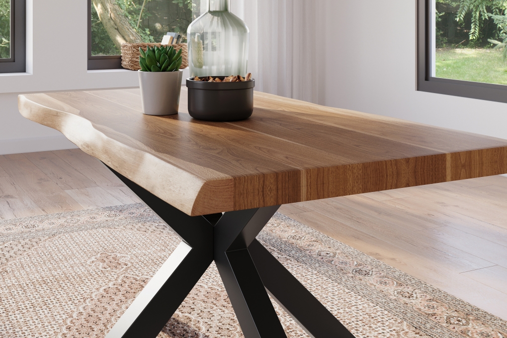 Esstisch Baumkante massiv Akazie natur 160 x 85 Spider-Gestell schwarz ATLAS itemprop=