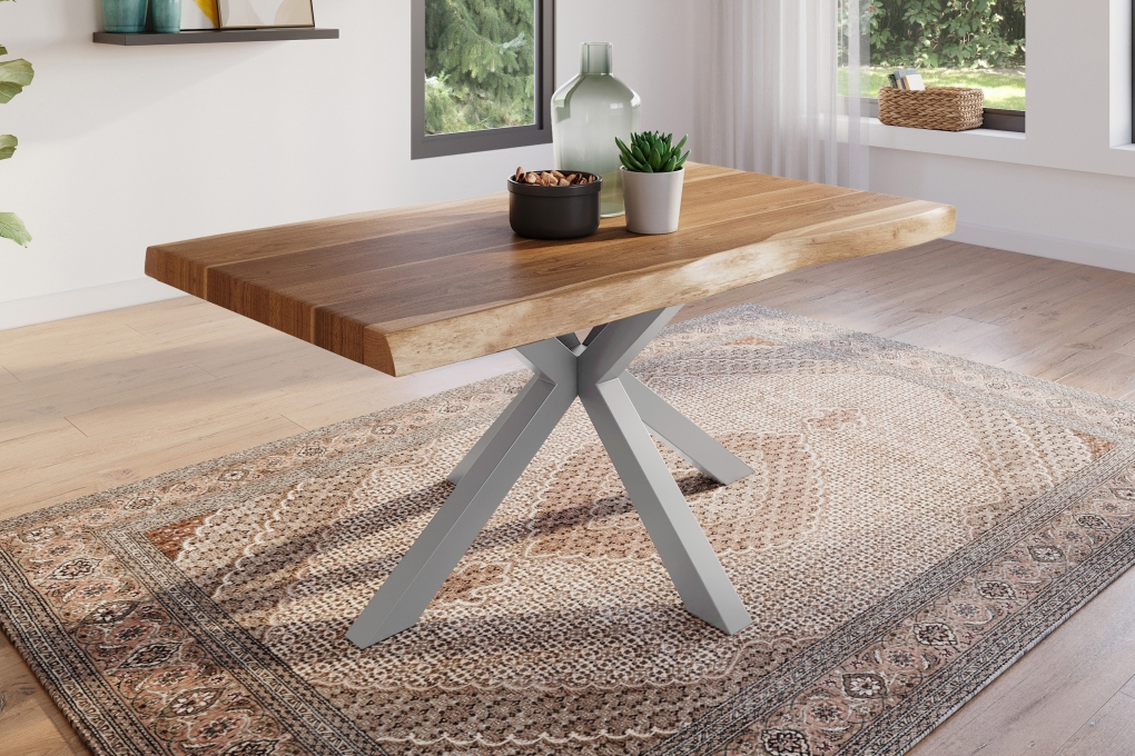 Esstisch Baumkante massiv Akazie natur 120 x 80 Spider-Gestell silber ATLAS itemprop=