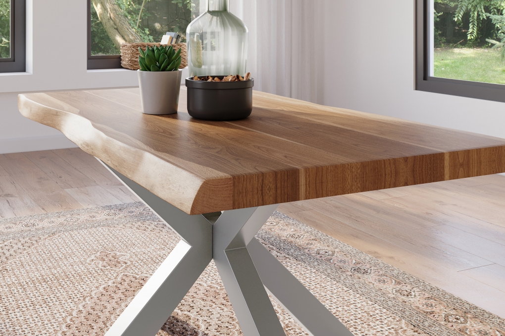 Esstisch Baumkante massiv Akazie natur 120 x 80 Spider-Gestell silber ATLAS itemprop=