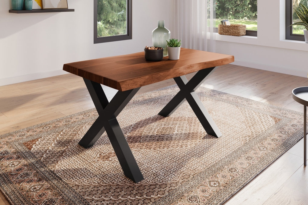 Esstisch Baumkante massiv Akazie Nuss 140 x 80 X-Gestell schwarz ATLAS itemprop=