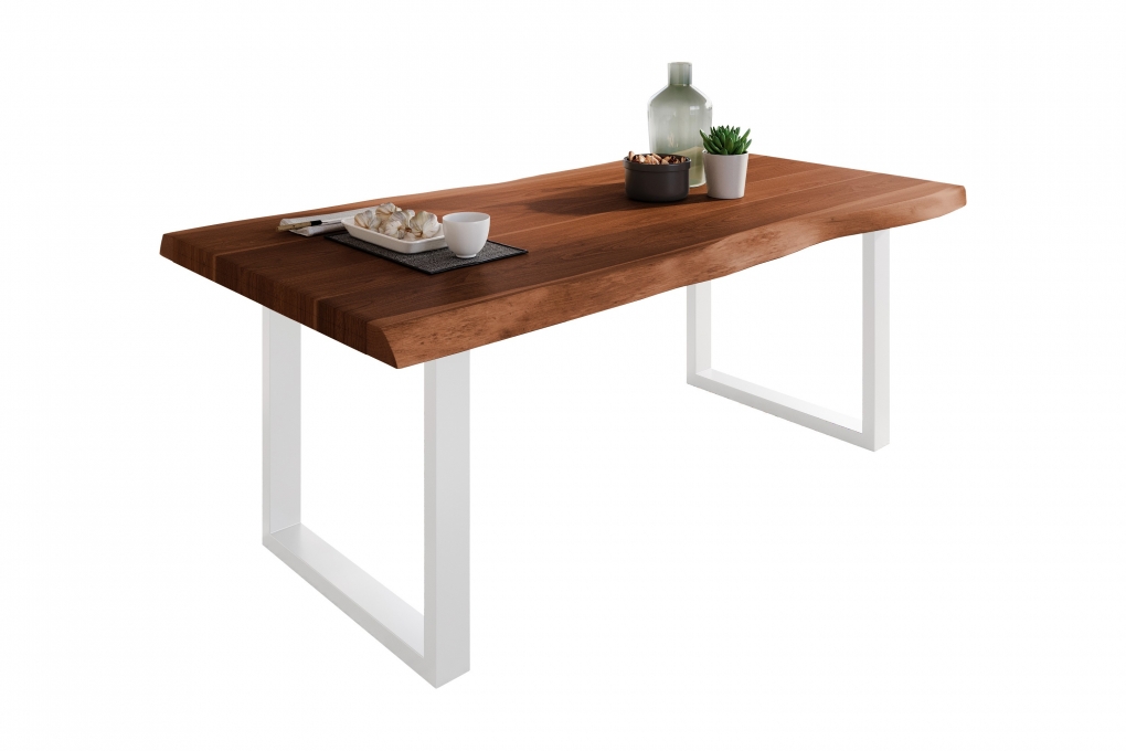 Esstisch Baumkante massiv Akazie Nussbaum 180 x 90 U-Gestell weiß  ATLAS itemprop=