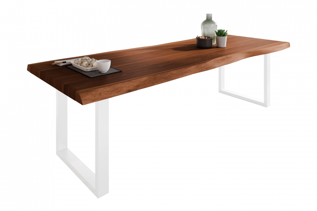 Esstisch Baumkante massiv Akazie Nussbaum 280 x 100 U-Gestell weiß  ATLAS itemprop=