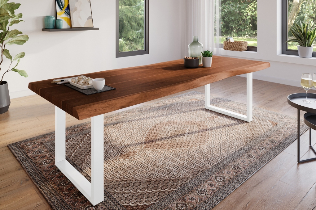 Esstisch Baumkante massiv Akazie Nussbaum 280 x 100 U-Gestell weiß  ATLAS itemprop=