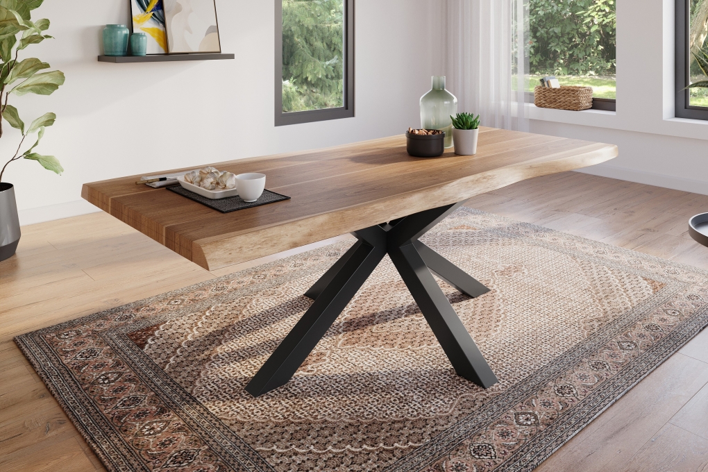 Esstisch Baumkante massiv Akazie natur 240 x 100 Spider-Gestell schwarz ATLAS itemprop=